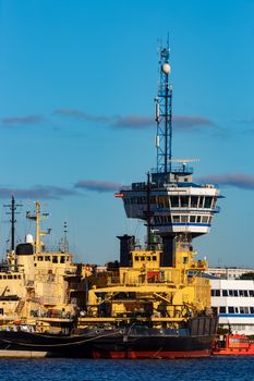 Yellow icebreakers moored at the port of Riga, Europe