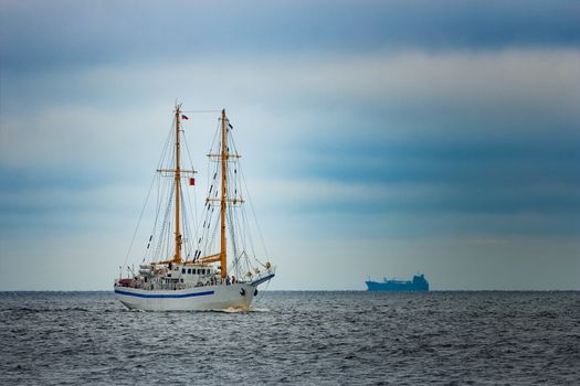 White sailing ship coming from Baltic sea, Europe