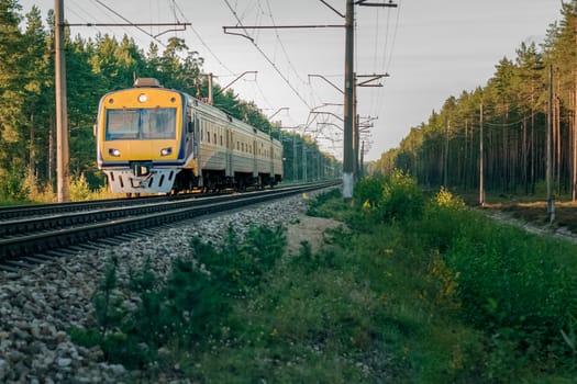 Passenger electric train moving through forest in Riga