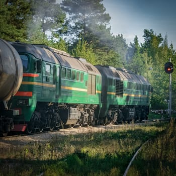 Freight train with tank wagons in forest. Green cargo locomotive