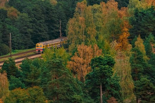 Passenger electric train moving through the forest in Riga