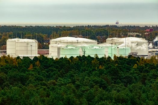 Fuel terminal in Riga. Large oil tanks