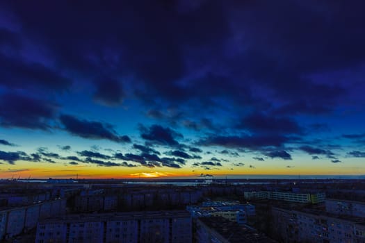 Evening cloudy sky and sunset in district of Riga, Latvia