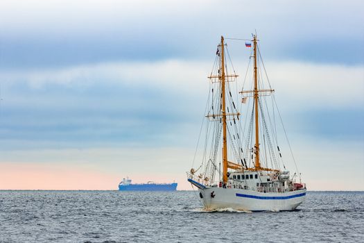 White sailing ship coming from Baltic sea, Europe