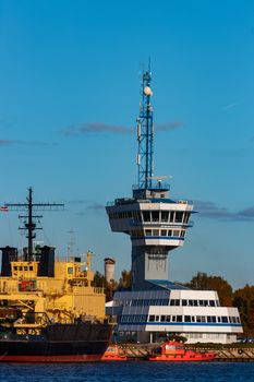 Yellow icebreaker moored at the port of Riga, Europe