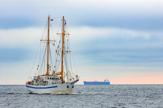 White sailing ship coming from Baltic sea, Europe