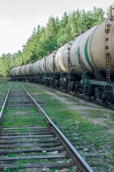 Tank wagons with oil. Freight train in forest