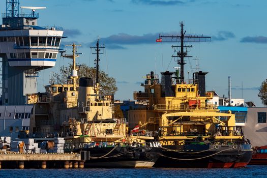 Yellow icebreakers moored at the port of Riga, Europe