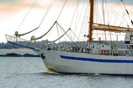 White sailing ship coming from Baltic sea and entering Riga