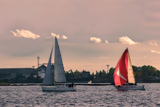 Sailboat regatta on Daugava river. Yachts sailing in Riga