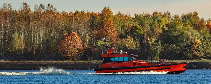 Red pilot ship moving past the autumn trees in Europe