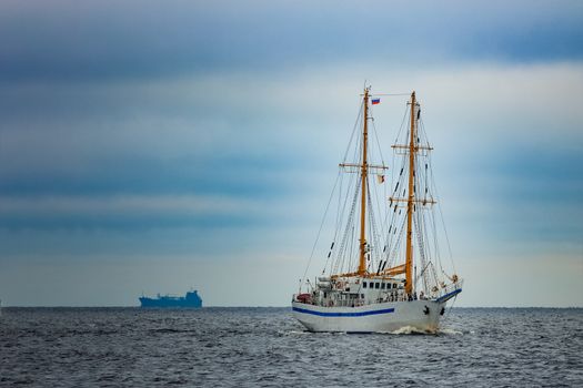 White sailing ship coming from Baltic sea, Europe