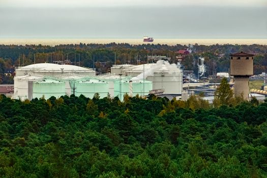 Fuel terminal in Riga. Large oil tanks