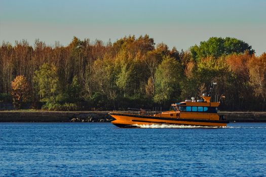 Orange pilot ship sailing past the autumn trees in Europe