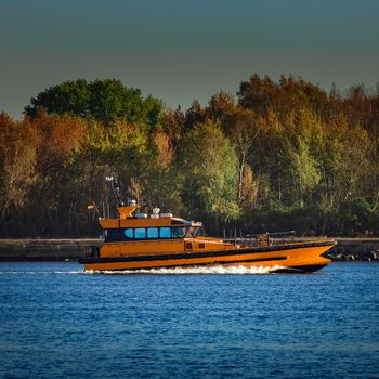 Orange pilot ship sailing past the autumn trees in Europe