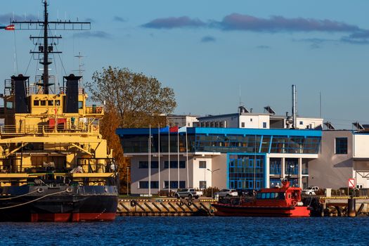 Yellow icebreaker moored at the port of Riga, Europe