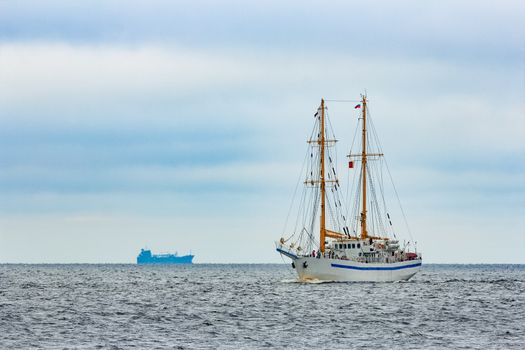 White sailing ship coming from Baltic sea, Europe