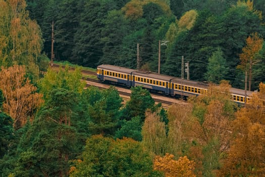 Passenger electric train moving through the forest in Riga