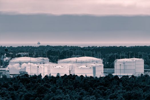 Fuel terminal in Riga. Large oil tanks