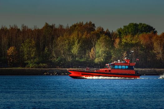 Red pilot ship moving past the autumn trees in Europe