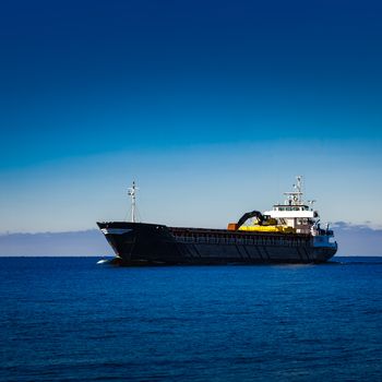 Black cargo ship with long reach excavator moving by baltic sea