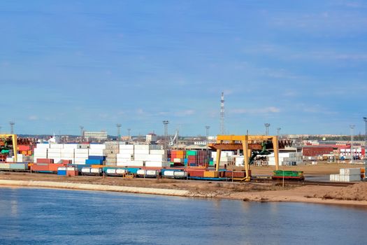 Baltic container terminal with port cranes. Riga cargo terminal