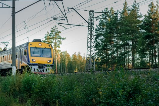 Passenger electric train moving through forest in Riga