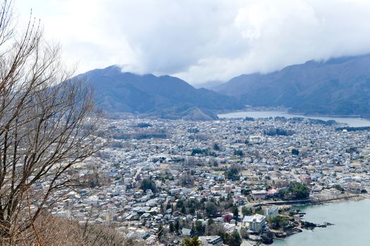 view of Kawagujiko town,Cityscape of Kawaguchiko from Mt. Kachi Kachi ropeway, Kawaguchiko,Yamanashi, Japan
