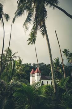 Haapiti church in Moorea island jungle, landscape. French Polynesia