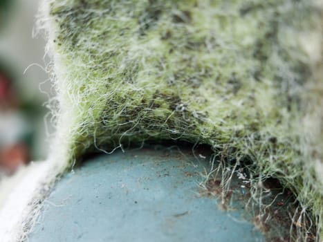 a close up on a ripped tennis ball fur with hairy texture and detail old and broken isolation