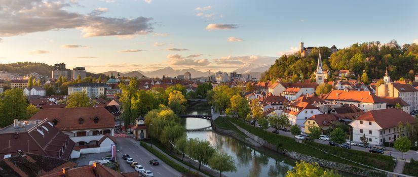 Cityscape of the Slovenian capital Ljubljana at sunset.