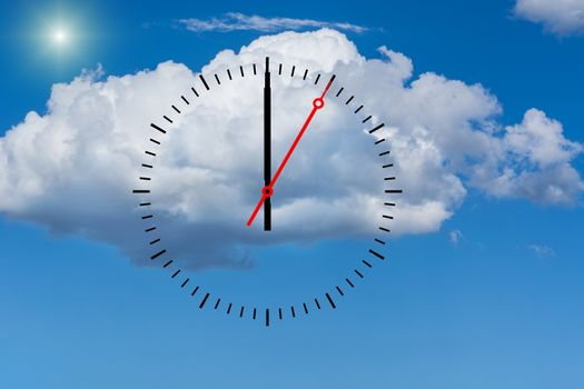 Clock, dial with a minute hand and a red second hand indicates 12 o'clock. Copy space in front of sky and cloud background.