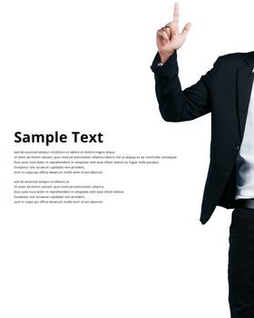 Businessman wearing in a suit pointing showing copy space, isolated on white background sample text clipping path