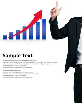 Businessman pointing a finger at graph sample text isolated on white background