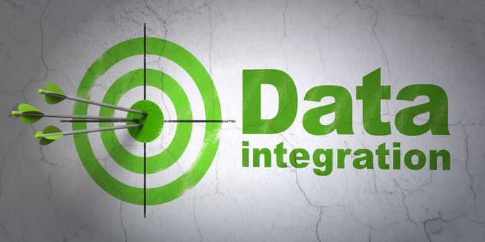 Success Information concept: arrows hitting the center of target, Green Data Integration on wall background, 3D rendering