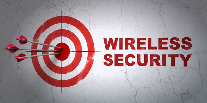 Success privacy concept: arrows hitting the center of target, Red Wireless Security on wall background, 3D rendering