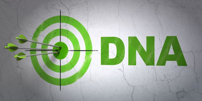 Success Healthcare concept: arrows hitting the center of target, Green DNA on wall background, 3D rendering