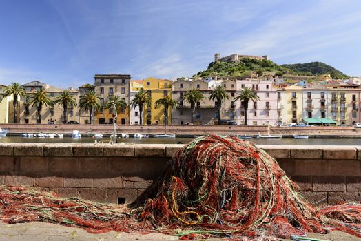 Cumulus of red nets for fishing. Along the Temo river in Bosa, Sardinia.