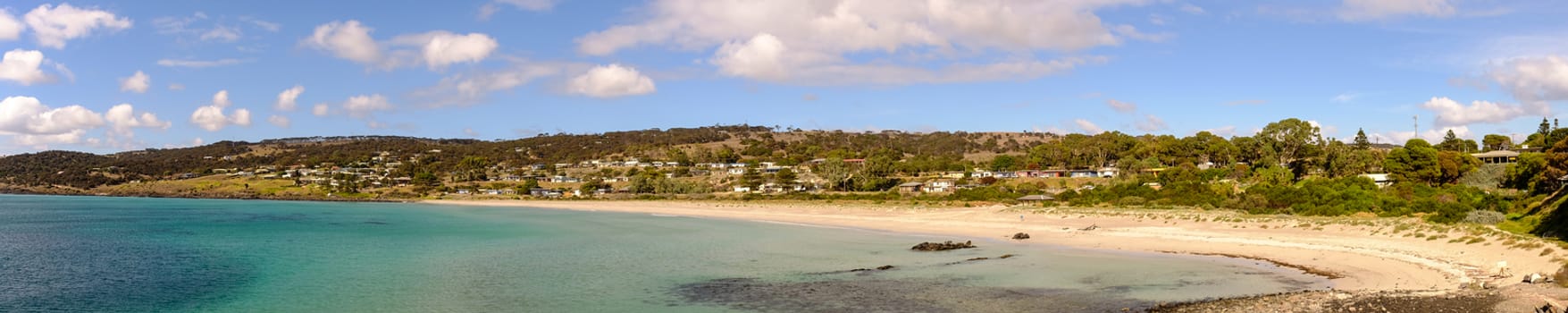 Panorama view of beautiful beach with the sea at the sunny day in South of Australia.