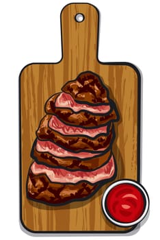 illustration of roasted sliced beef steaks on wood board with tomato sauce