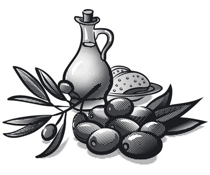 engraving style illustration of olives and olive oil with bread