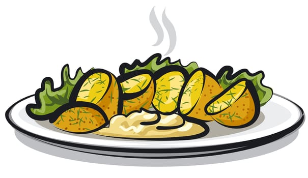 illustration of boiled potatoes with sauce and lettuce on plate