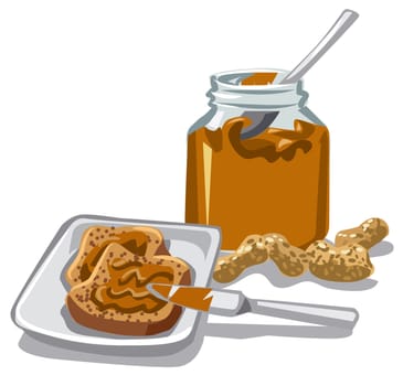 illustration of peanut butter in jar and sliced bread