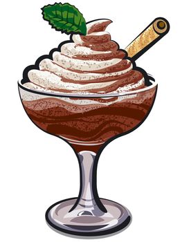 illustration of chocolate mousse in glass with mint leave