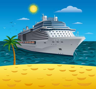 illustration of cruise liner to tropical sea beach resort