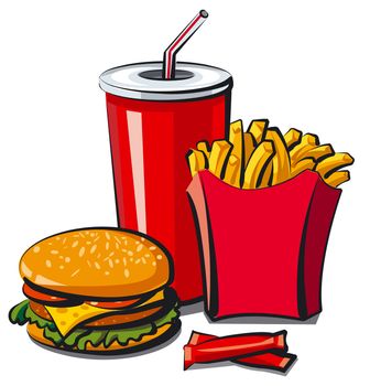 illustration of fast food meal, hamburger, fries and cola