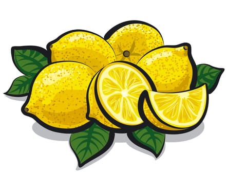 illustration of fresh juicy lemons with leaves