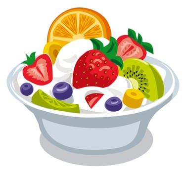 illustration of fruit salad with yogurt in bowl