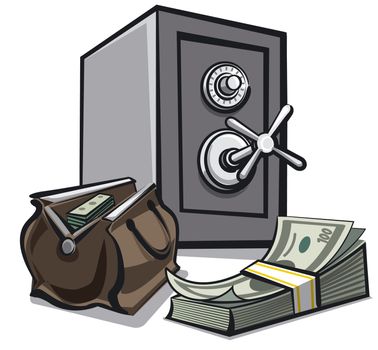 illustration of safe and bag with dollars in bank
