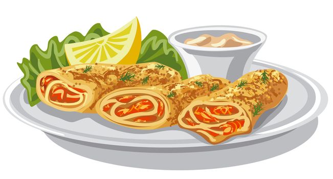 illustration of baked pancakes with salmon and sauce